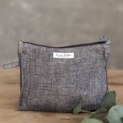 Double cloth linen large makeup bag with zipper