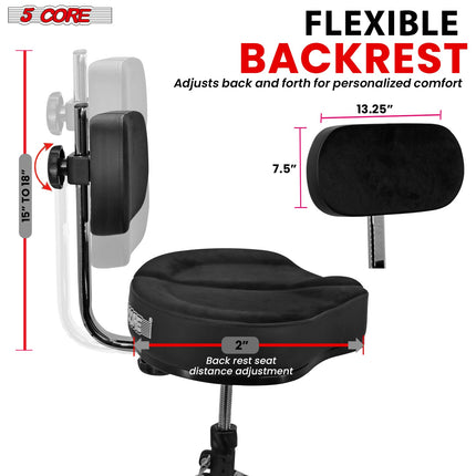 5Core Drum Throne Padded Guitar Stool Backrest Drummer Seat for Adults
