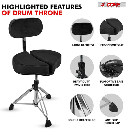 5Core Drum Throne Padded Guitar Stool Backrest Drummer Seat for Adults