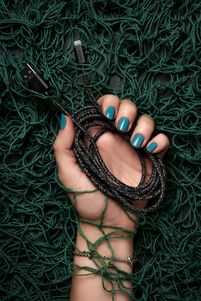 Black iPhone Lightning cable · 2 meter · Made of recycled fishing nets