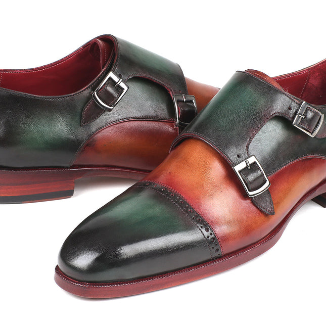 Paul Parkman Captoe Double Monkstraps Green & Camel (ID#045GC61)