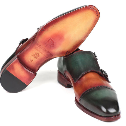Paul Parkman Captoe Double Monkstraps Green & Camel (ID#045GC61)