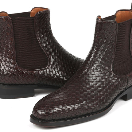 Paul Parkman Chocolate Brown Woven Leather Chelsea Boots