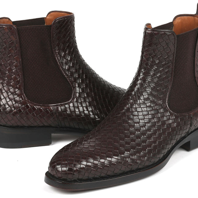 Paul Parkman Chocolate Brown Woven Leather Chelsea Boots