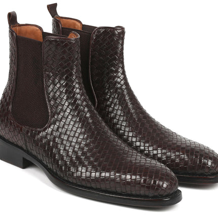 Paul Parkman Chocolate Brown Woven Leather Chelsea Boots