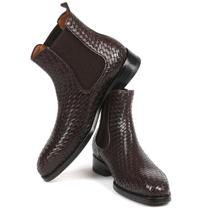 Paul Parkman Chocolate Brown Woven Leather Chelsea Boots