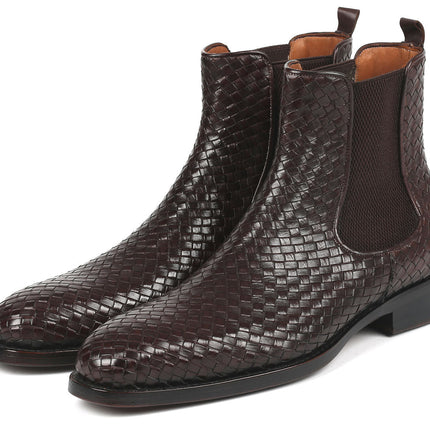 Paul Parkman Chocolate Brown Woven Leather Chelsea Boots