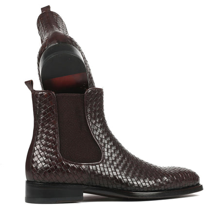 Paul Parkman Chocolate Brown Woven Leather Chelsea Boots