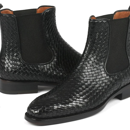 Paul Parkman Black Woven Leather Chelsea Boots (ID#92WN87-BLK)