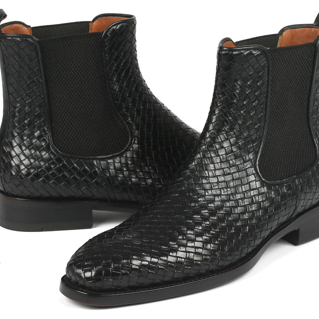 Paul Parkman Black Woven Leather Chelsea Boots (ID#92WN87-BLK)