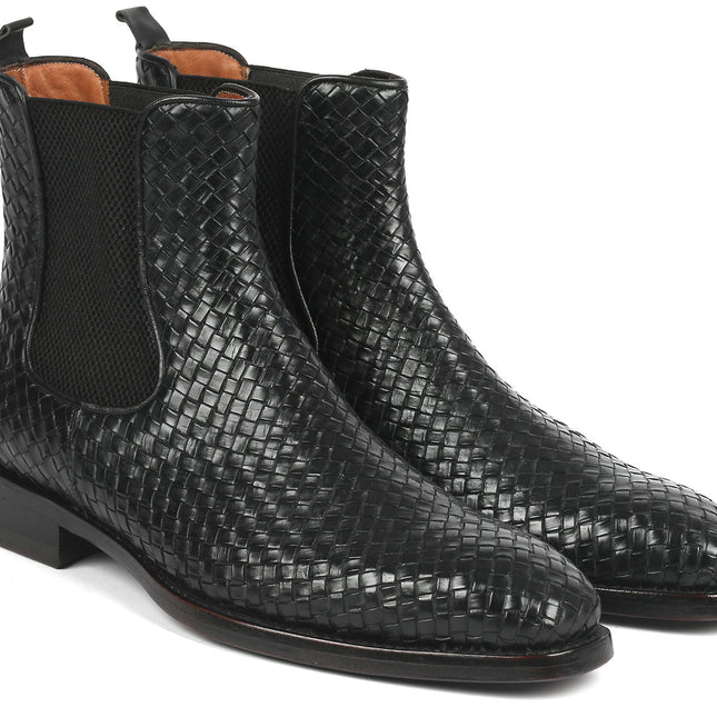 Paul Parkman Black Woven Leather Chelsea Boots (ID#92WN87-BLK)