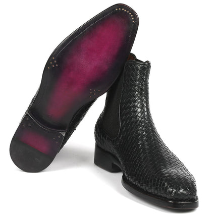 Paul Parkman Black Woven Leather Chelsea Boots (ID#92WN87-BLK)
