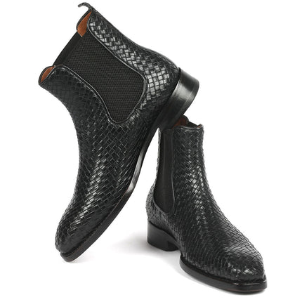 Paul Parkman Black Woven Leather Chelsea Boots (ID#92WN87-BLK)