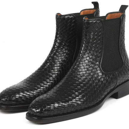 Paul Parkman Black Woven Leather Chelsea Boots (ID#92WN87-BLK)