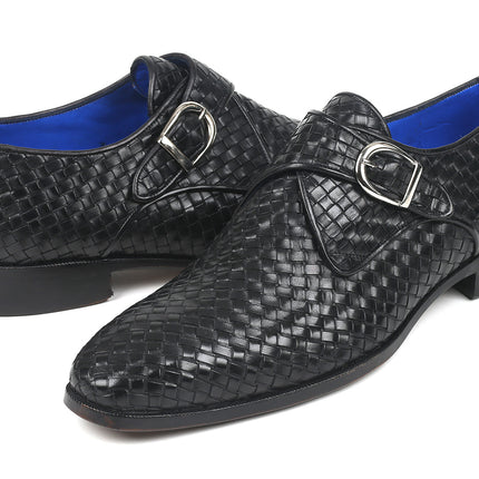 Paul Parkman Black Woven Leather Single Monkstraps (ID#011WN95)