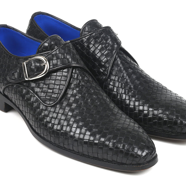 Paul Parkman Black Woven Leather Single Monkstraps (ID#011WN95)
