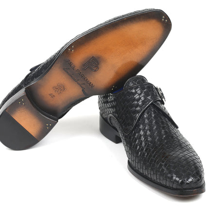 Paul Parkman Black Woven Leather Single Monkstraps (ID#011WN95)
