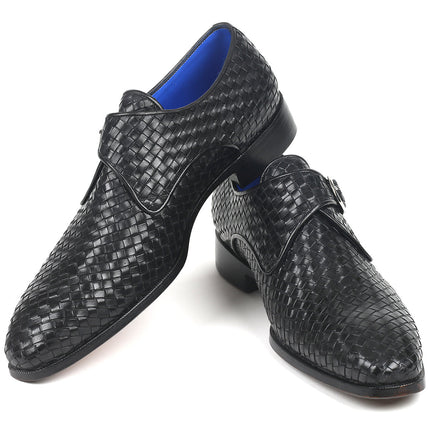 Paul Parkman Black Woven Leather Single Monkstraps (ID#011WN95)