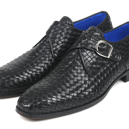 Paul Parkman Black Woven Leather Single Monkstraps (ID#011WN95)