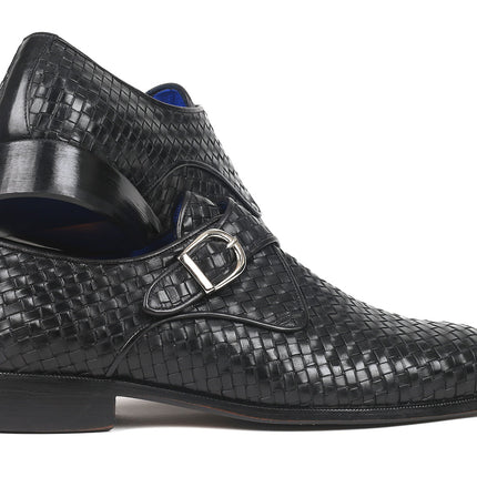Paul Parkman Black Woven Leather Single Monkstraps (ID#011WN95)
