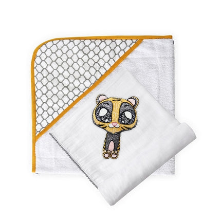 3 Pc Newborn Essential Set - Hooded Towel, Swaddle + Toy Rattle