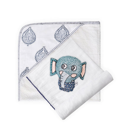 3 Pc Newborn Essential Set - Hooded Towel, Swaddle + Toy Rattle