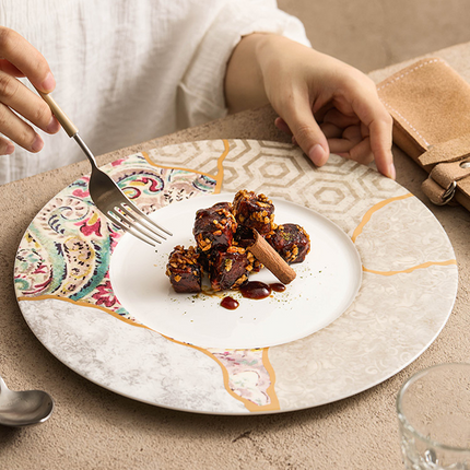 Silk Mosaic Porcelain Dinner Plate 11.25" Gold-Rimmed Kintsugi Style