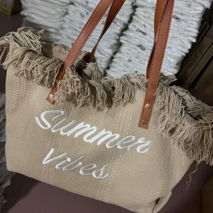 Large capacity canvas tote bag with embroidered letters, handbag for