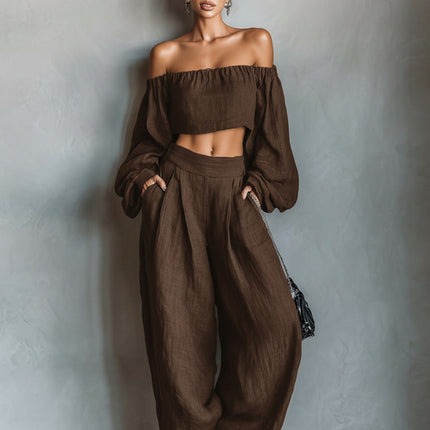 Women Spring Clothing off Shoulder Short Top Wide Leg Pants Set .Ships