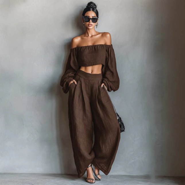 Women Spring Clothing off Shoulder Short Top Wide Leg Pants Set .Ships