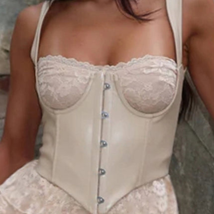 Sexy Leather Bra Strap Lace Stitching Puffy Tiered Dress Summer Set