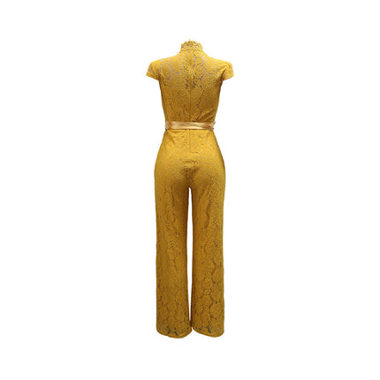 Round Neck Short Sleeve Lace Jumpsuit Wide Leg Pants Women Solid Color
