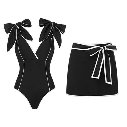 Swimsuit Black White Color Matching Sweet Girl Bow Swimsuit Women