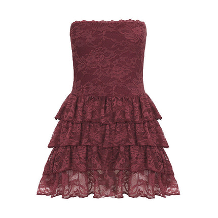 Sexy Leather Bra Strap Lace Stitching Puffy Tiered Dress Summer Set