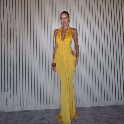 Spring Women Design Deep V Plunge Sexy Pleated Waist Tight Dress
