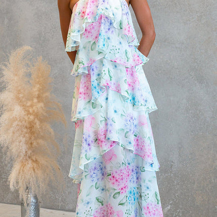 Spring Summer Chiffon Printed Lace up Dress Multi Layer Holiday Dress