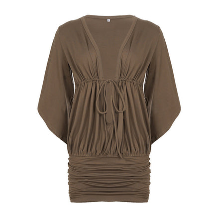 Sexy Sheath Dress V neck Lace up Pleated Batwing Sleeve Hollow Out