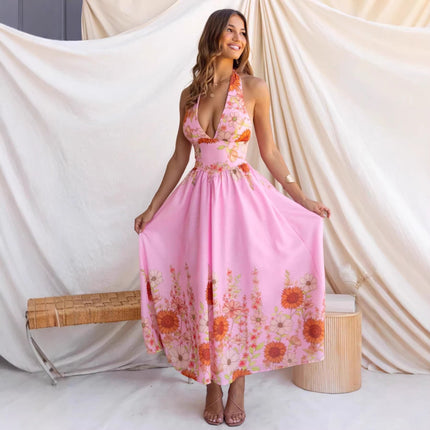 Summer Positioning Elegant Sunflower Printed V neck Waist Controlled