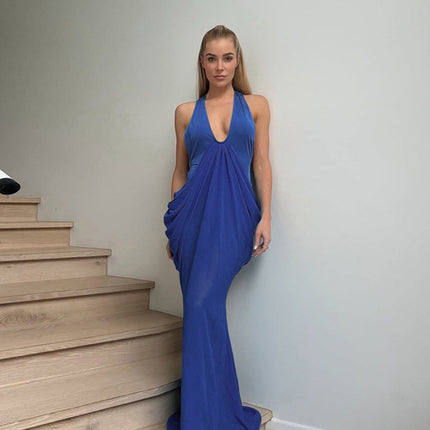 Spring Women Design Deep V Plunge Sexy Pleated Waist Tight Dress
