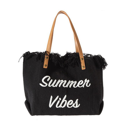 Large capacity canvas tote bag with embroidered letters, handbag for
