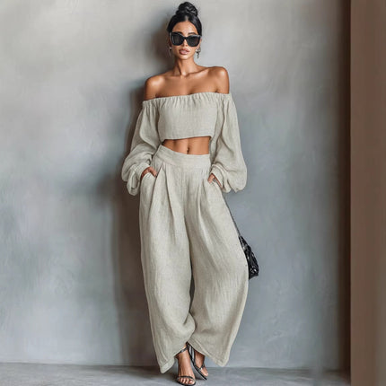 Women Spring Clothing off Shoulder Short Top Wide Leg Pants Set .Ships