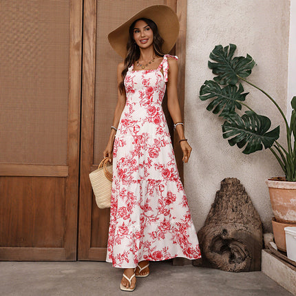 French Vacation Strap Retro Printed Large Swing Dress