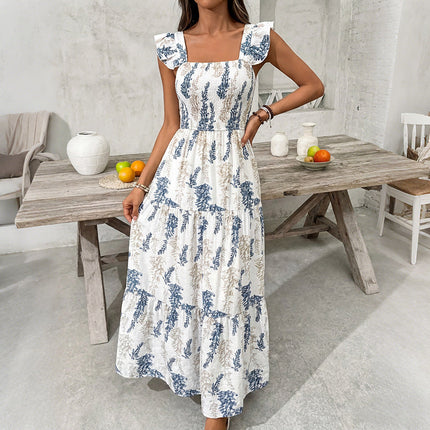 Fresh Vacation Plant Print Flying Sleeves Tiered Dress .Ships from