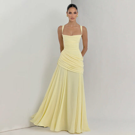 Elegant Graceful Sexy Dress Low Cut Sling Dress Solid Color Waist