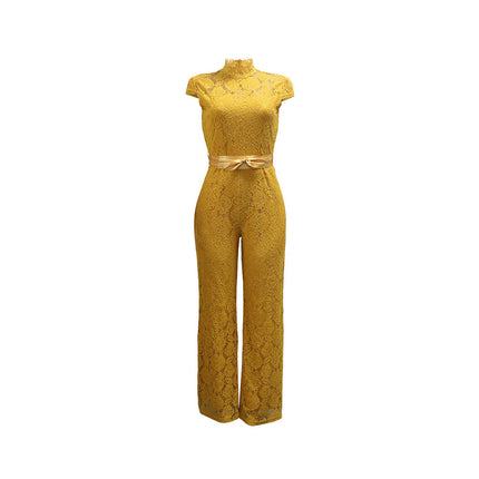 Round Neck Short Sleeve Lace Jumpsuit Wide Leg Pants Women Solid Color