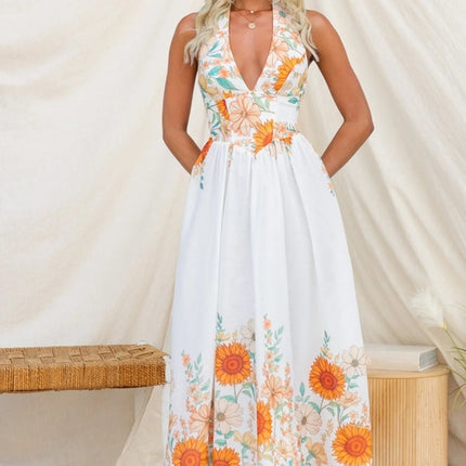Summer Positioning Elegant Sunflower Printed V neck Waist Controlled