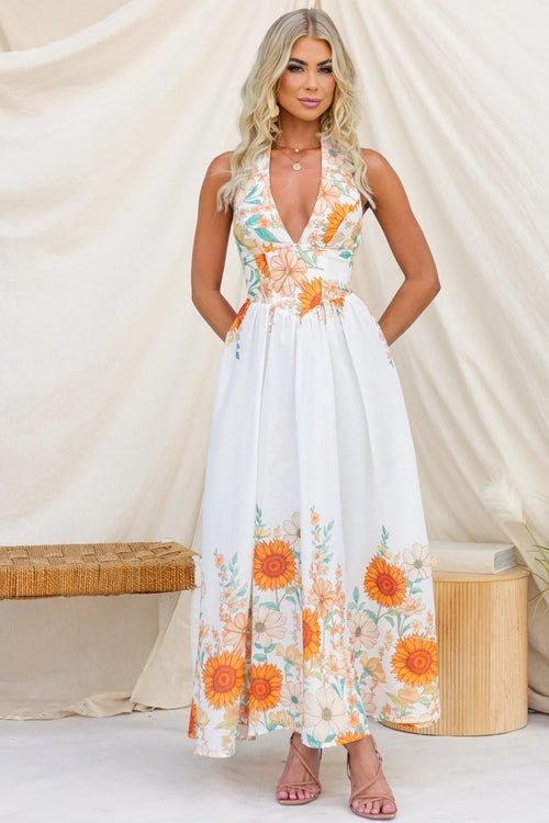 Summer Positioning Elegant Sunflower Printed V neck Waist Controlled