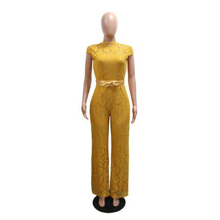 Round Neck Short Sleeve Lace Jumpsuit Wide Leg Pants Women Solid Color