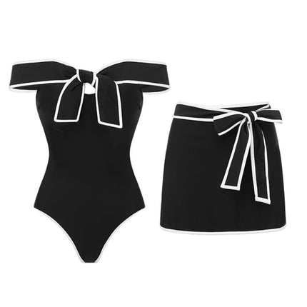 Swimsuit Black White Color Matching Sweet Girl Bow Swimsuit Women