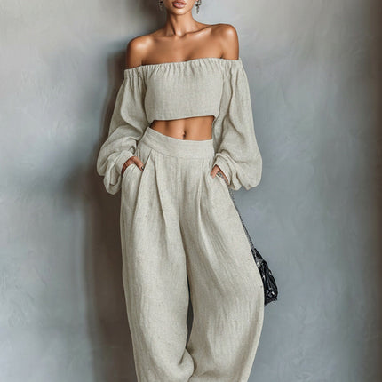 Women Spring Clothing off Shoulder Short Top Wide Leg Pants Set .Ships